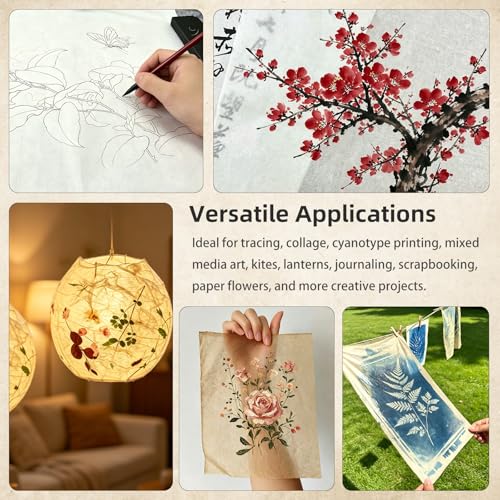 Reelartisy 9.4x787 Art Paper Roll, 16gsm Bamboo Fiber Tracing Paper, Ultra-Thin Translucent Antiquedfor Cyanotype, Calligraphy & Lanterns, Includes Storage Tube